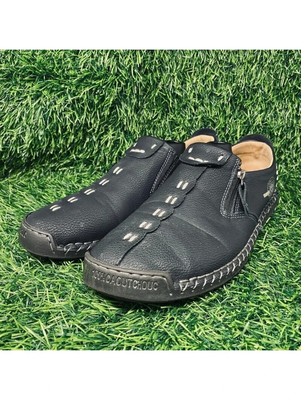 CLOHOO Black Leather Slip-On Casual Shoes Men's 12 Side Zipper 2228